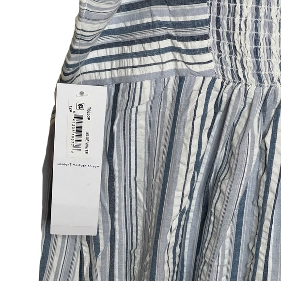 London Times 12P Blue White Striped Cotton Smocked Tiered Maxi Tank Dress NWT - Picture 7 of 9